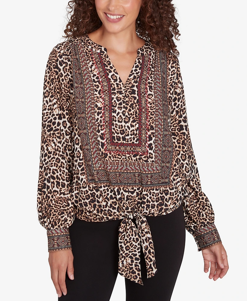 Ruby Rd. Petite Split Neck Embellished Animal Placement Print Tie Front Top