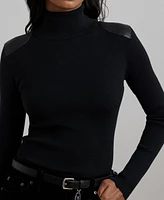 Lauren Ralph Women's Faux-Leather-Trim Ribbed Turtleneck