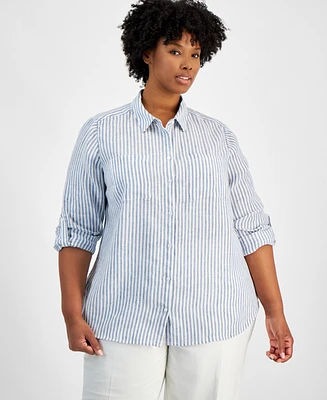 Charter Club Plus 100% Linen Striped Button-Up Shirt, Exclusively at Macy's