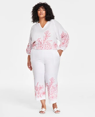 Charter Club Plus 100% Linen Embroidered Cropped Pants, Exclusively at Macy's