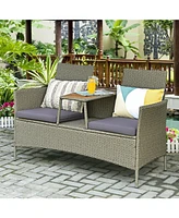 Sugift 2-Person Patio Rattan Conversation Furniture Set with Coffee Table