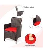 3 Pieces Patio Cushioned Rattan Conversation Set With Glass Table Top