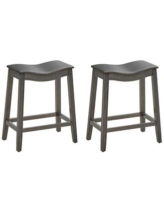 Sugift Set of 2 Pu Leather Saddle Bar Stools with Rubber Wood Legs