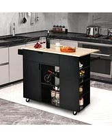 Sugift Drop-Leaf Kitchen Island Cart with Rubber Wood Top