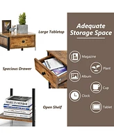 Sugift Industrial End Side Table Nightstand with Drawer Shelf-Rustic Brown