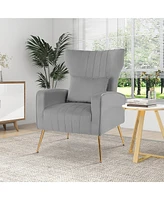 Costway Velvet Upholstered Wingback Chair with Lumbar Pillow & Golden Metal Legs