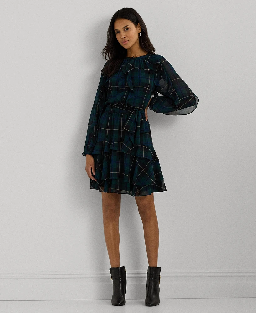 Lauren Ralph Women's Plaid Ruffle-Trim Georgette Tiered Dress