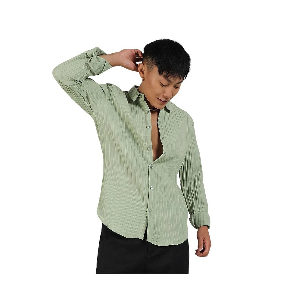 Campus Sutra Men's Pistachio Green Self-Design Striped Shirt