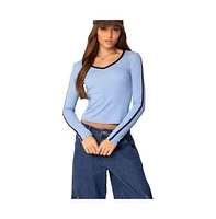 Edikted Women's Contrast V Neck Long Sleeve T Shirt - Light