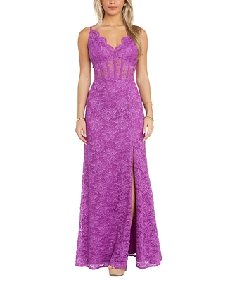 Morgan & Company Juniors' Glitter Scallop Lace Corset Gown