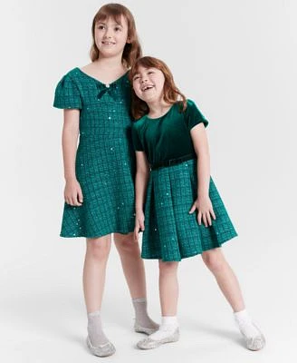 Rare Editions Little Girls Velvet Sequin Tweed Dress Big Girls Sequin Tweed Social Dress