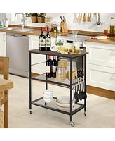 Sugift 3-Tier Kitchen Serving Cart Utility Standing Microwave Rack with Hooks