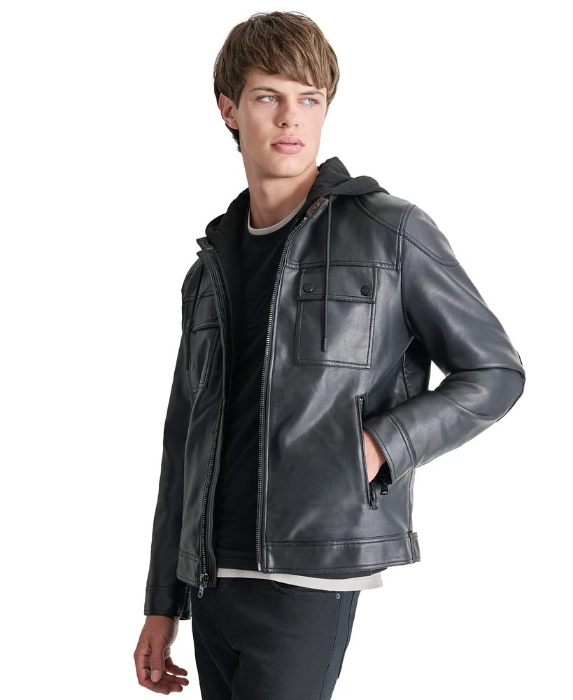 Dkny Men's Faux-Leather Removable Hood Moto Jacket