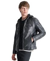 Dkny Men's Faux-Leather Removable Hood Moto Jacket