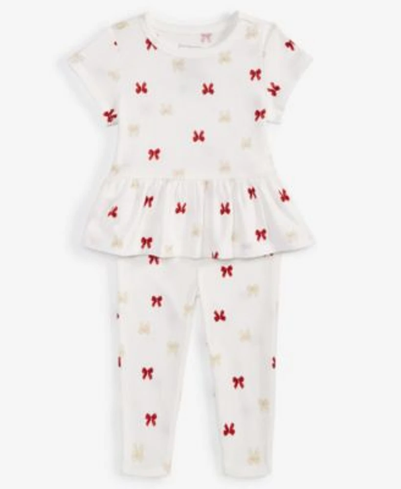 First Impressions Baby Girls Delicate Bow Short Sleeve Peplum T Shirt Ruffled Back Pants Created For Macys