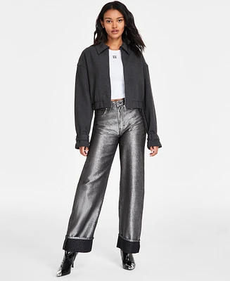 Hugo Women's Metallic Denim Cuffed Straight-Leg Jeans