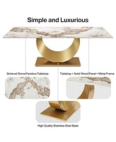 Tribesigns 78.7" Sintered Stone Dining Table, Luxury Kitchen Table with Snowy White Pandora Sintered Stone Tabletop, Dinner Table with Golden Stainles