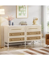 Tribesigns 6 Drawer Dresser, Modern Rattan Dresser for Bedroom, 55 inch Long Double Dresser Wood Storage Organizer Chest of Drawers for Closet Living