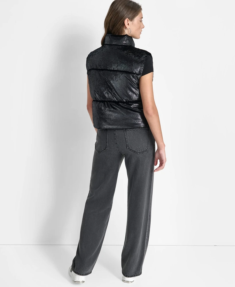Dkny Women's Sleeveless Velvet Shimmer Puffer Vest
