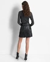 Dkny Women's Tiered-Fringe-Trim Faux-Leather Mini Skirt