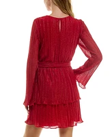 City Studios Juniors' Shimmering Tie-Front Bell-Sleeve Tiered Dress