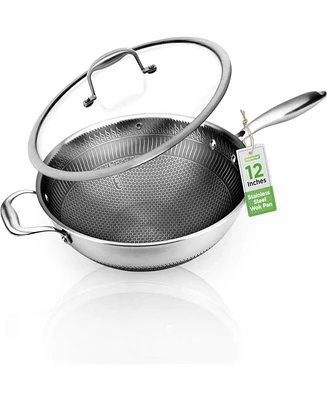 NutriChef 12'' Durable Wok with Side Handle - Triply Stainless Steel Cookware, Dakin Etching Non-Stick Coating Inside and Outside