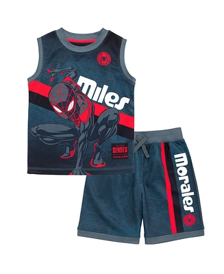 Marvel Boys Spider-Man Miles Morales Mesh Jersey Tank Top Shirt and Basketball Shorts to