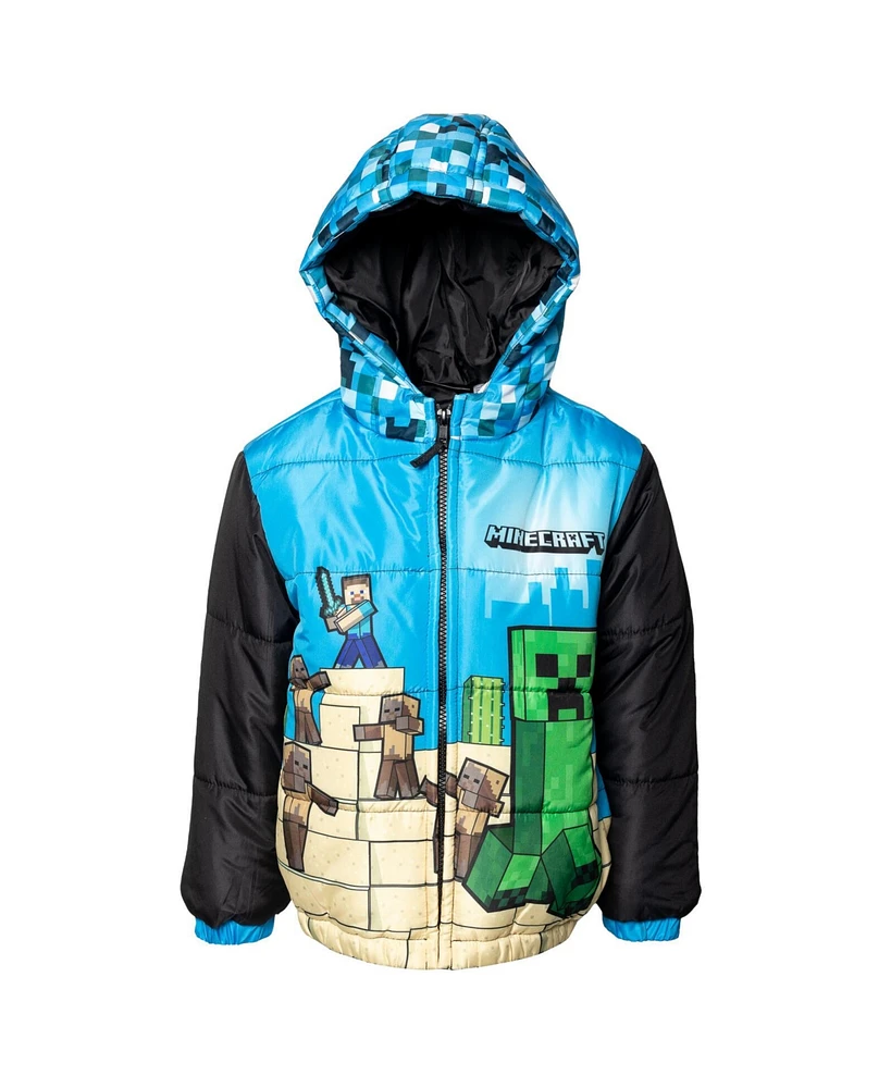 Minecraft Boys Creeper Steve Zip Up Winter Coat Puffer Jacket to