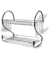 Megachef 16 Inch Two Shelf Dish Rack with Easily Removable Draining Tray, 6 Cup Hangers and Removable Utensil Holder