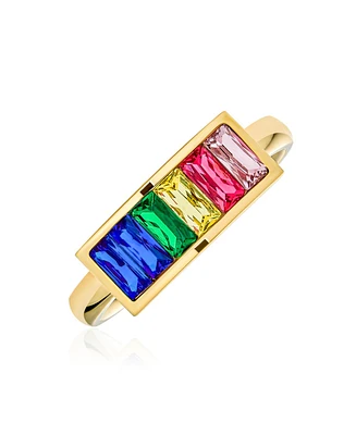 Bling Jewelry Unisex Colorful Couples Princess Cut Square CZs Rainbow Ring Band For Women Gold Tone Stainless Steel 3MM