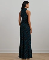 Lauren Ralph Women's Plaid Crinkle Georgette Tie-Neck Gown