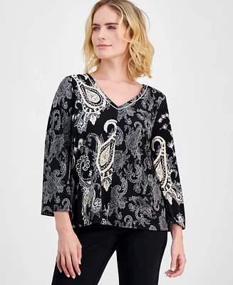 Jm Collection Petite Printed Bracelet-Sleeve V-Neck Top, Created for Macy's