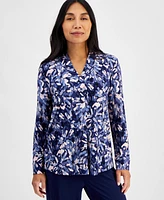 Ak Anne Klein Petite Printed V-Neck Long-Sleeve Top