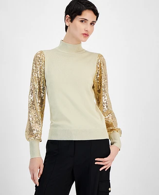 T Tahari Women's Mock-Neck Sheer Sequined-Sleeve Top