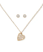 Guess Crystal Heart Pendant Necklace & Logo Stud Earrings Set