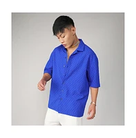 Men's Royal Blue Textured Geometric Oversized Shirt