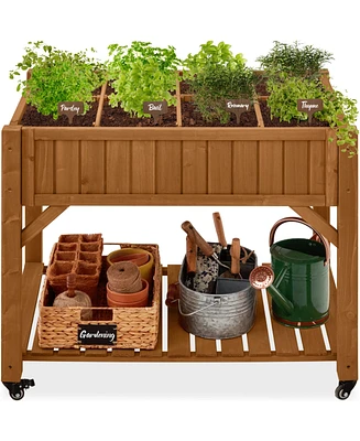 Best Choice Products Elevated Mobile Pocket Herb Garden Bed Planter w/ Lockable Wheels, Storage Shelf - Acorn Brown