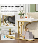 Tribesigns Set of 2 C Shaped End Table, Narrow Side Table, White Gold, Sofa Table with Metal Frame for Living Room