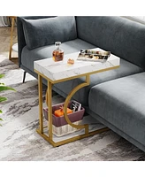 Tribesigns Set of 2 C Shaped End Table, Narrow Side Table, White Gold, Sofa Table with Metal Frame for Living Room