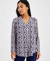 Ak Anne Klein Petite Printed Roll-Tab V-Neck Tunic