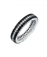 Bling Jewelry Pave Cubic Zirconia Two Tone 3 Row Stripe Cz Statement Black & White Eternity Band Ring For Women .925 Sterling Silver