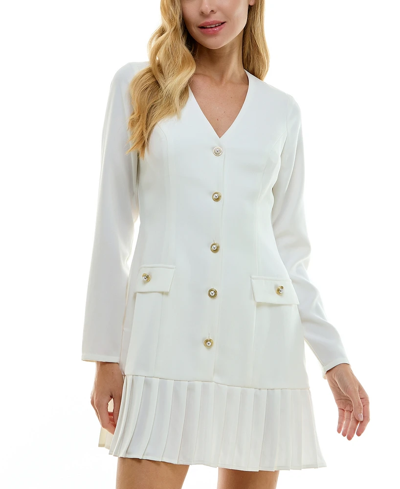 City Studios Juniors' Button-Front Pleated-Hem Blazer Dress