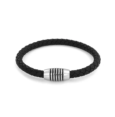 Bling Jewelry Unisex Black Stackable Woven Weave Braided Leather Bracelet Woven Bangle Bracelet For Men Women Stainless Barrel Clasp