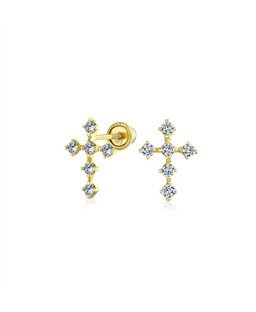 Bling Jewelry Tiny Minimalist Clear Cubic Zirconia Religious Christian Cz 14K Yellow Gold Screw back Cross Stud Earrings For Women