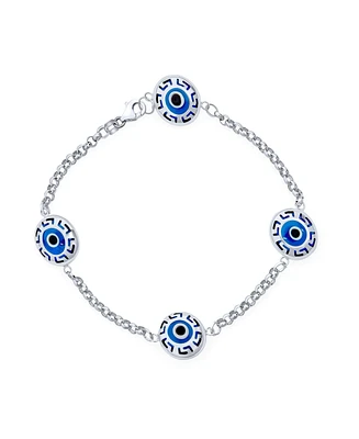 Bling Jewelry Turkish Spiritual Protection Amulet Station Chain Link Greek Motif Blue Evil Eye Charm Bracelet For Women Sterling Silver 7.5 Inch