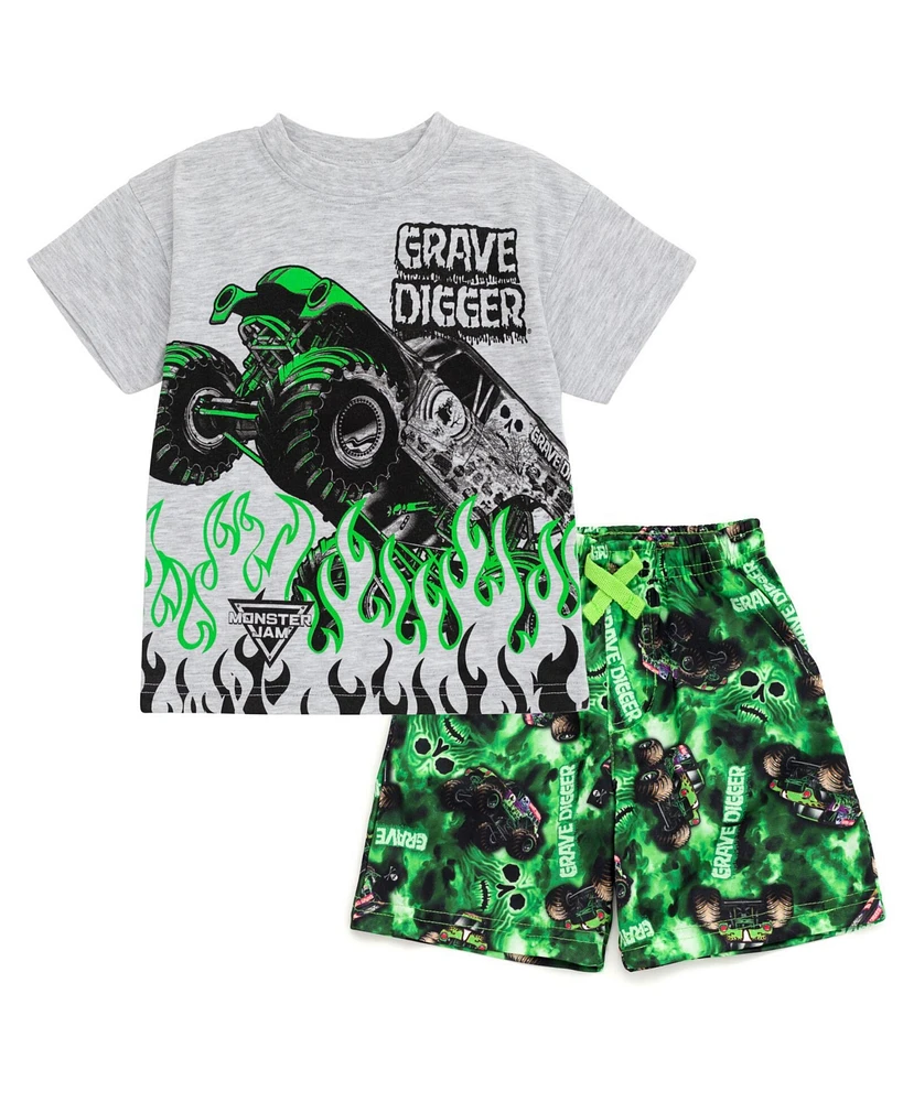 Monster Jam Boys T-Shirt and Shorts Outfit Set to Grave Digger