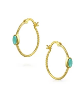 Bling Jewelry Twisted Cable Rope Thin Hoop Earrings Stabilized Turquoise Accent Western Jewelry For Women 14K Gold Plated .925 Sterling Silver .75 Inc