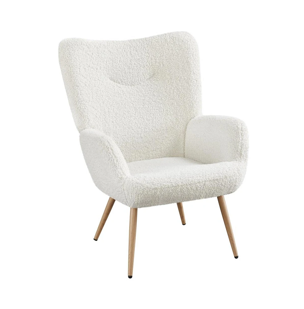 Yaheetech Faux Fur Fabric Boucle Accent Chair with Smiling Mouth Tufted High Back, Tapered Legs White