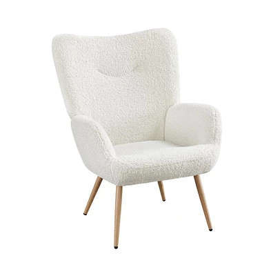 Yaheetech Faux Fur Fabric Boucle Accent Chair with Smiling Mouth Tufted High Back, Tapered Legs White