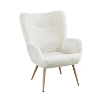 Yaheetech Faux Fur Fabric Boucle Accent Chair with Smiling Mouth Tufted High Back, Tapered Legs White